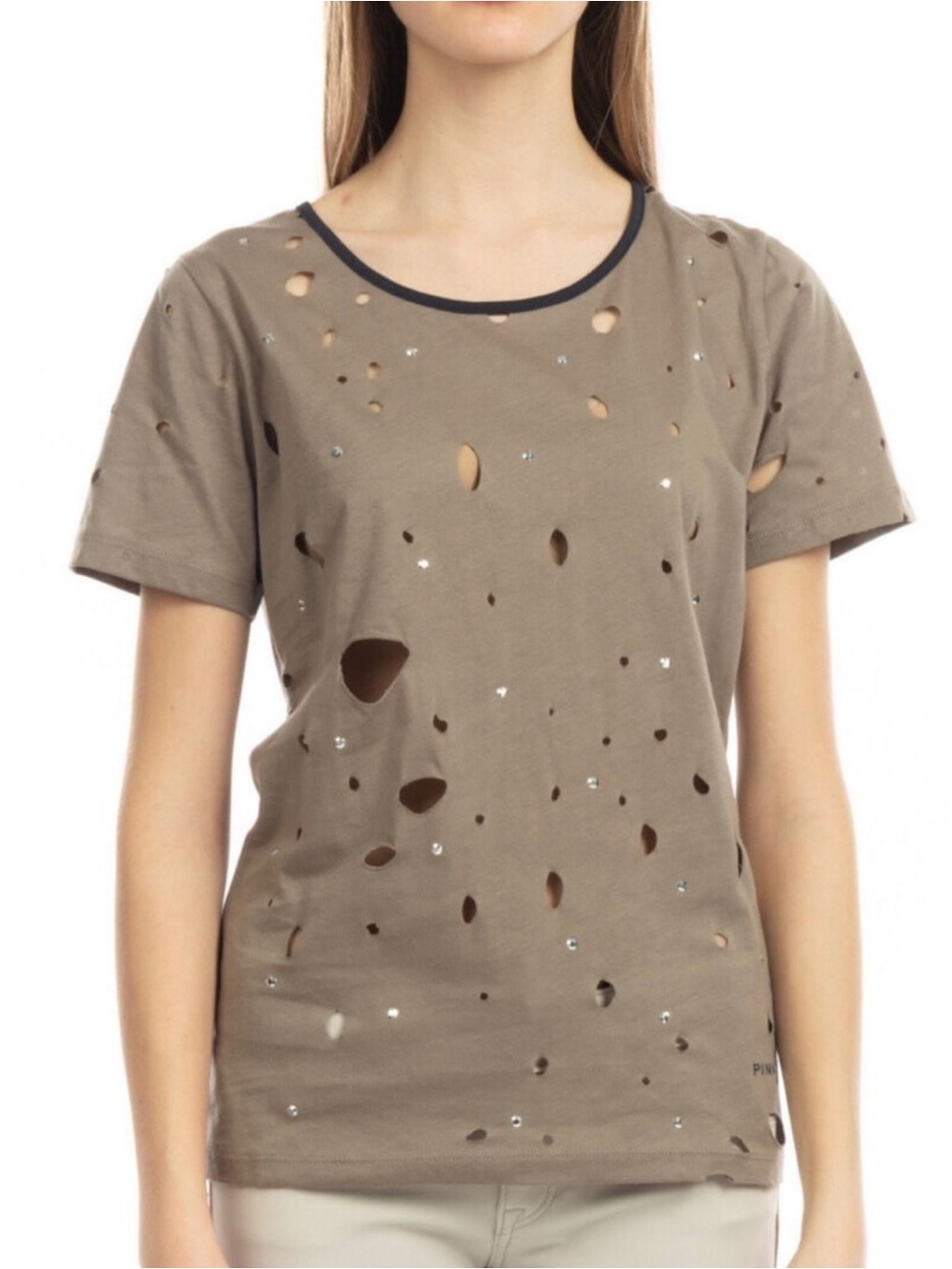 NEW PINKO BEIGE DISTRESSED SHORT SLEEVE T-SHIRT